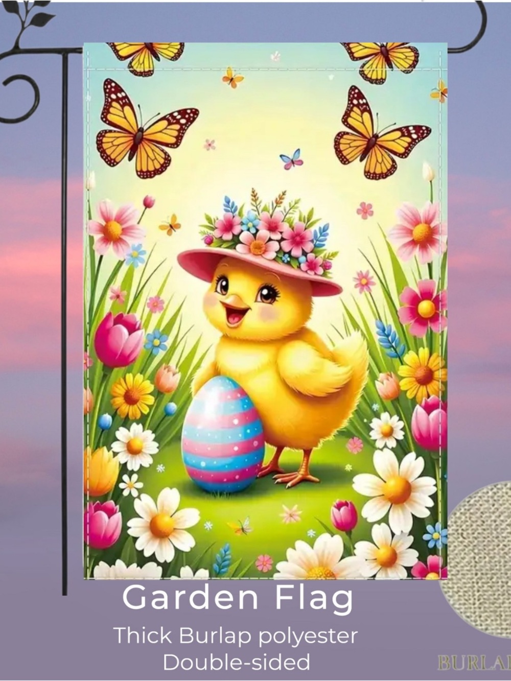 Easter Chick Garden Flag, Burlap, approximately 12x18 Inch